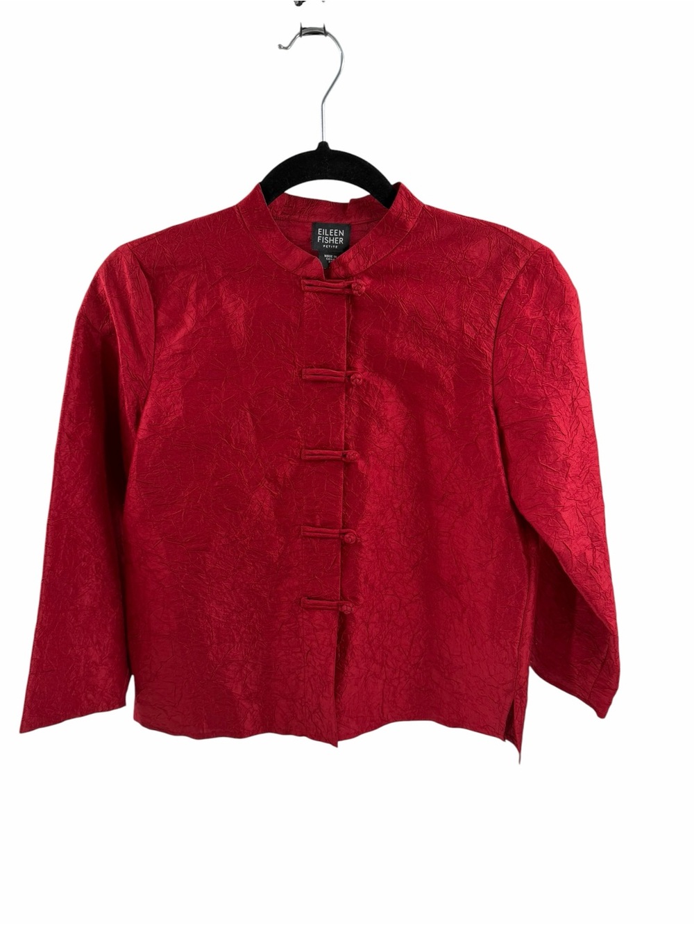 Eileen Fisher Red Mandarin Collar Jacket 100% Silk Crinkle Texture Oriental XS**